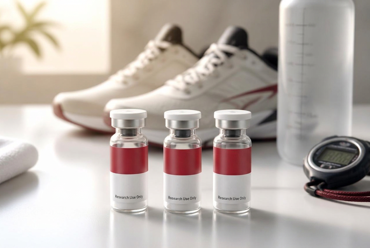 Research peptide vials arranged with running shoes and a stopwatch