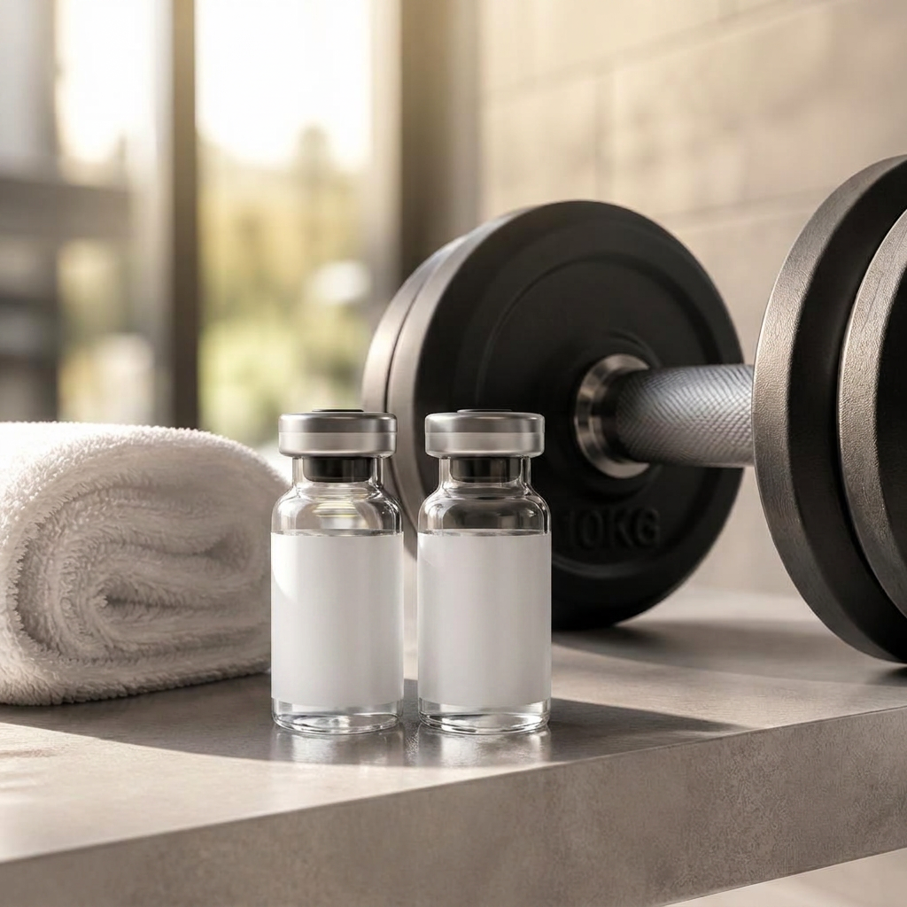 Research peptide vials with dumbbells and a gym towel