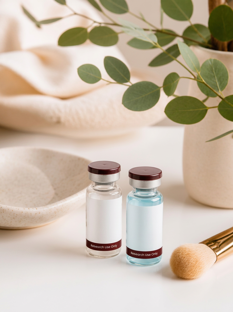 Research peptide vials alongside skincare tools in a calm spa-like setting